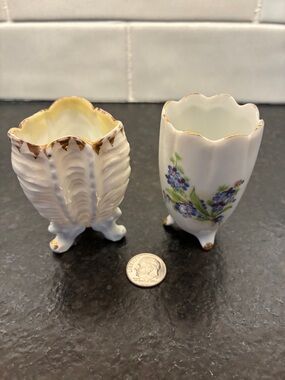 2 trifooted White Porcelain Toothpick Holders